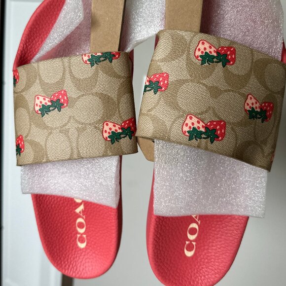 Coach Tan and Red Sandals with Strawberry Print - Picture 1 of 3